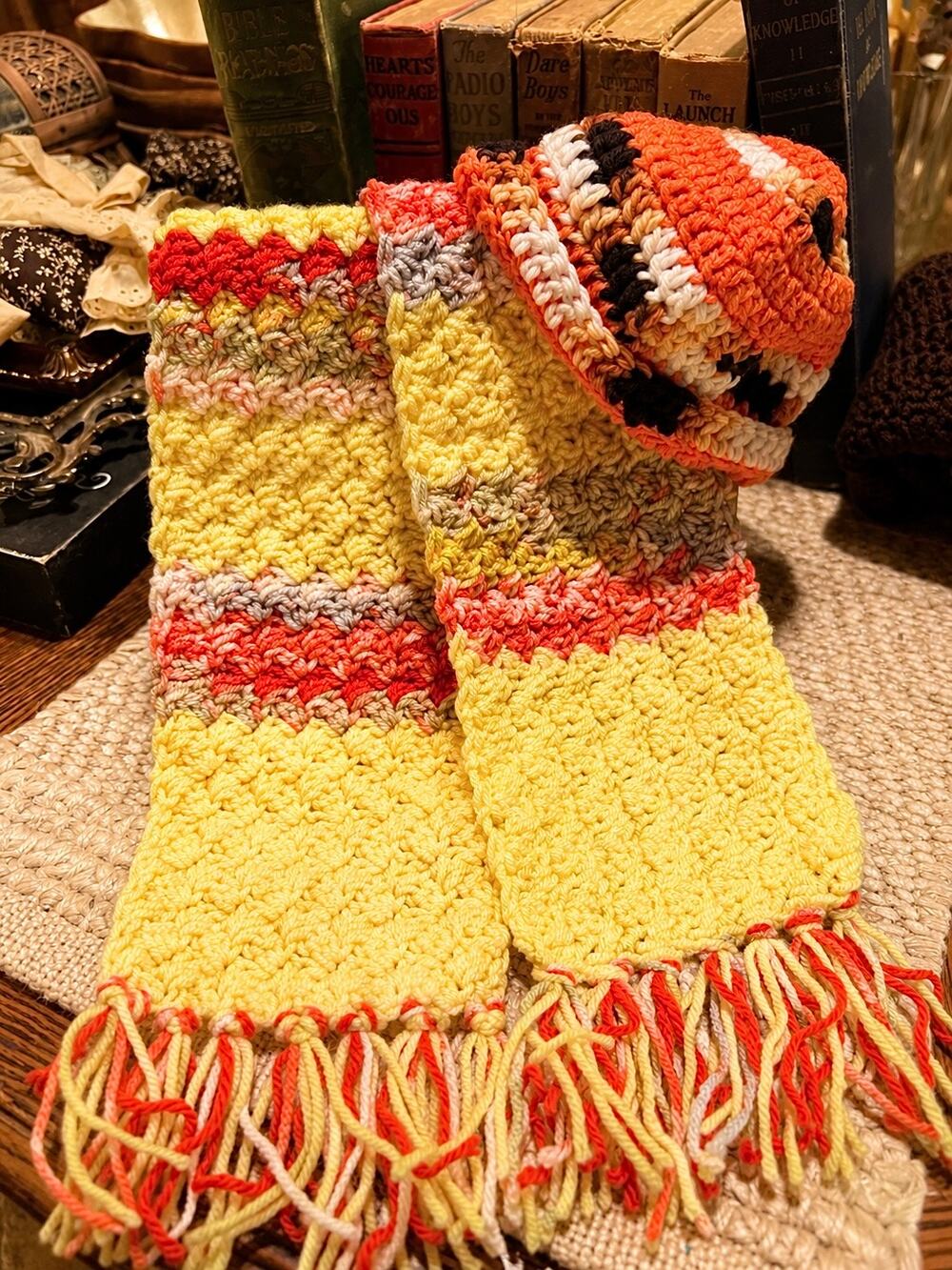 Handmade Crochet Scarf With Hat, Yellow, Brown, Pink, Red, Orange & Cream